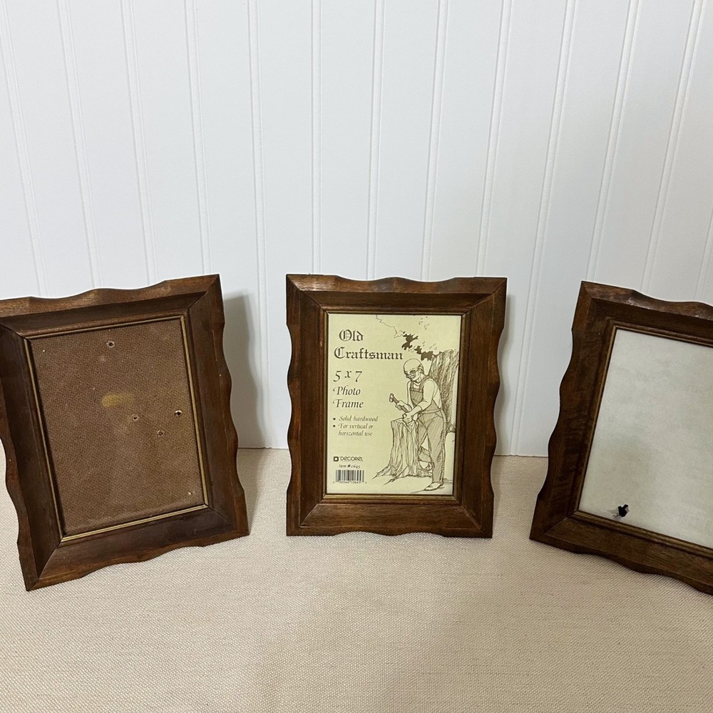 Vintage Old Craftsman Photo Frames Set of 3 5x7 Brown Wood Excellent Scalloped